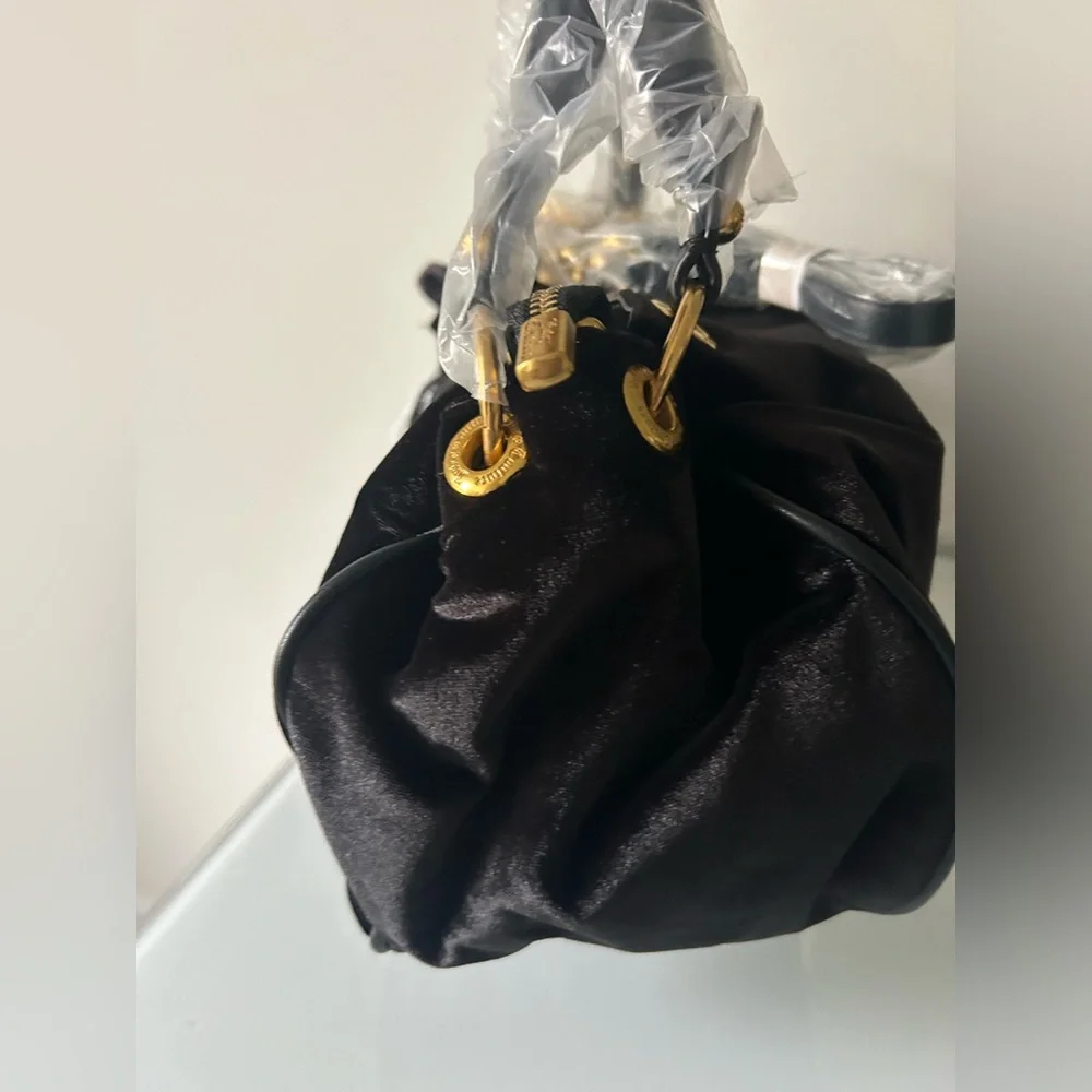 Black velvet rhinestone logo gold hardware satchel Bag
